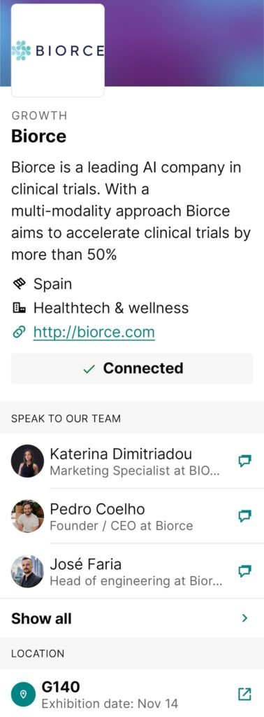 Biorce in Web Summit app - AI for Clinical Trials