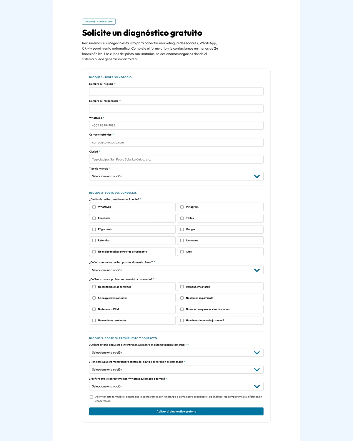Simplifiqa Spanish diagnostic lead qualification form