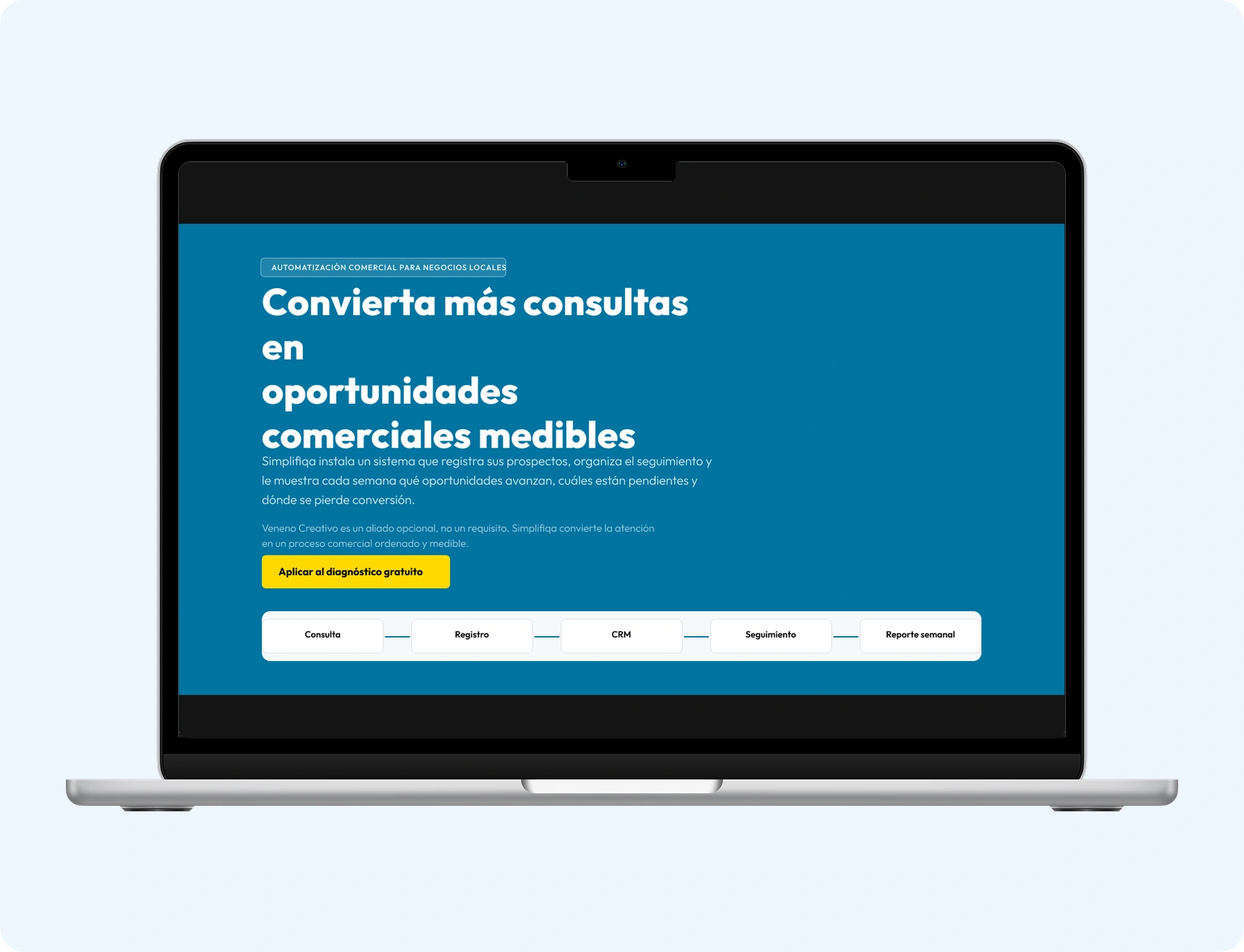 Simplifiqa Spanish CRM landing page displayed inside a MacBook mockup