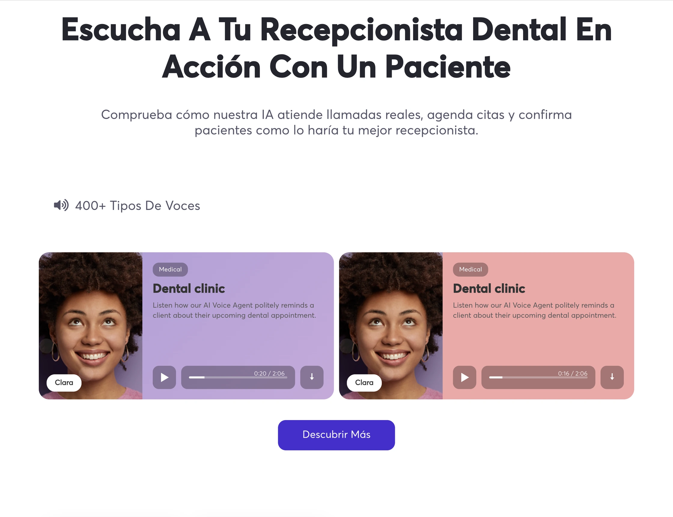 SMILE dental receptionist landing page with two audio demonstration cards