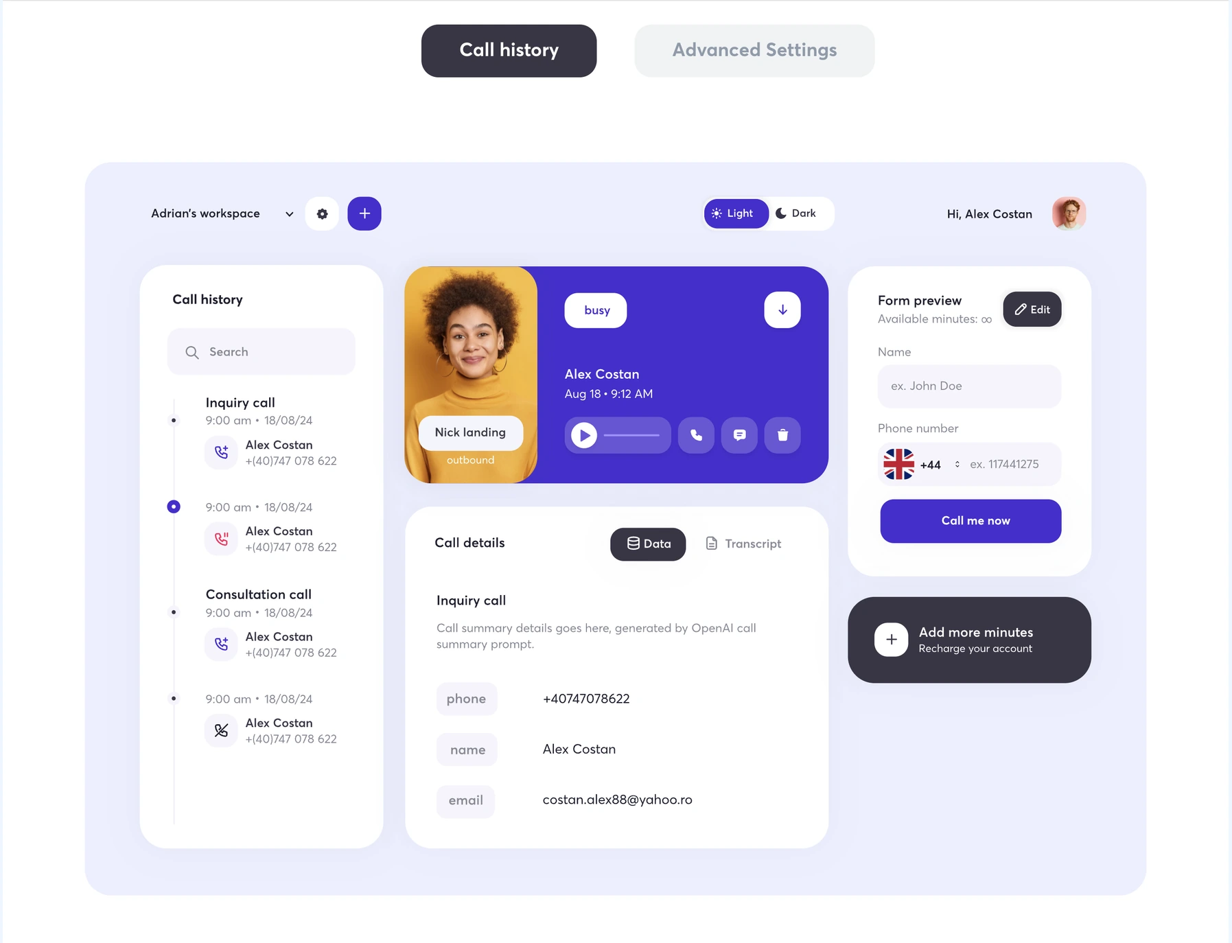 SMILE product dashboard with call history, client details and transcript tabs