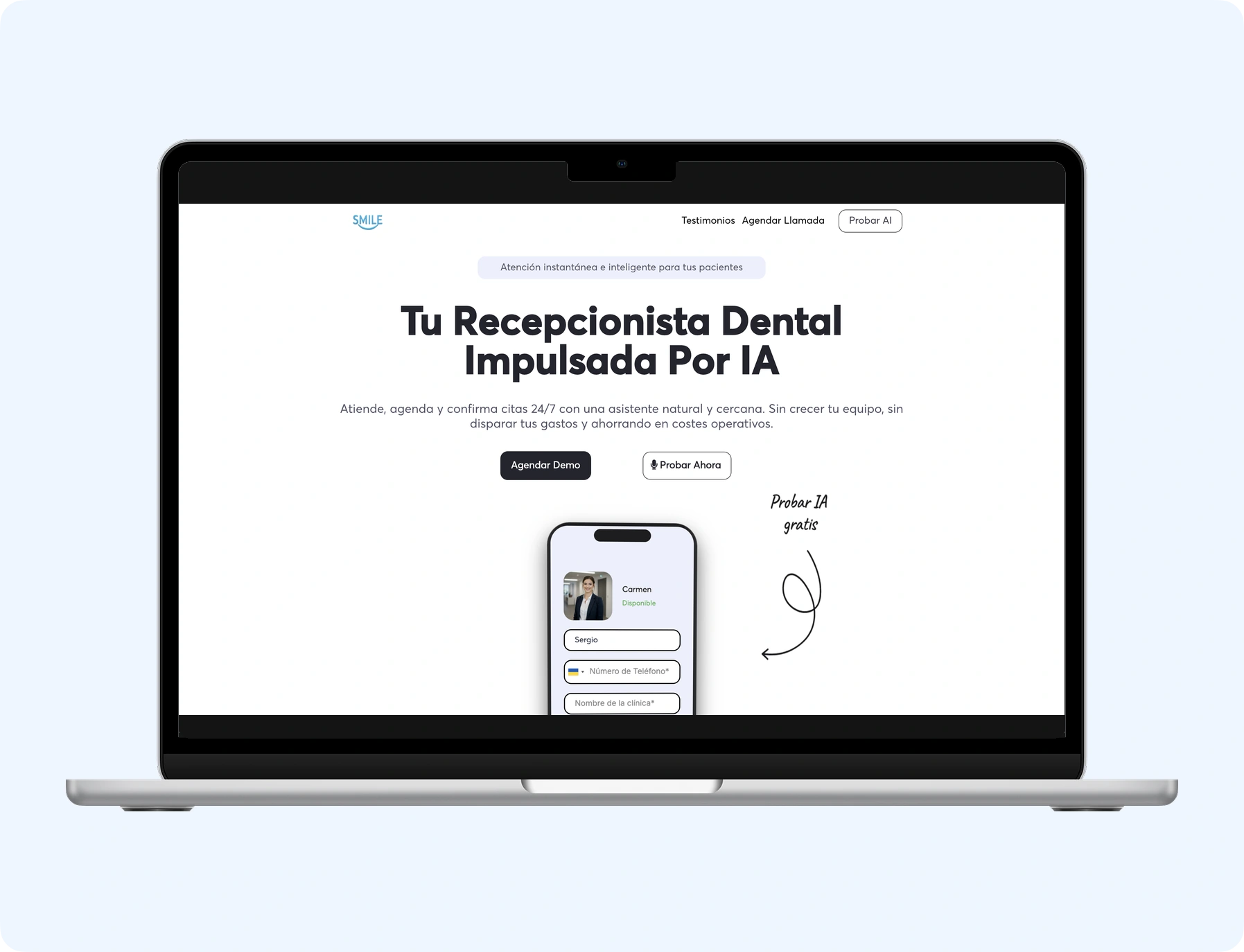 SMILE AI receptionist landing page displayed in a MacBook mockup