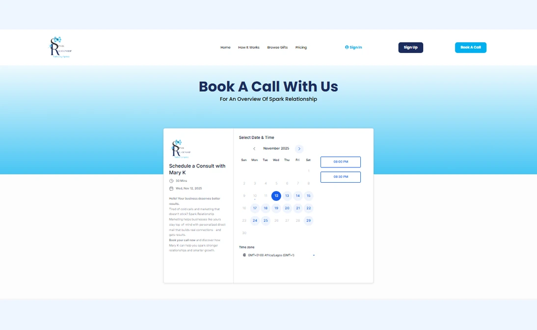 Spark Relationship Book a Call page with an embedded consultation calendar