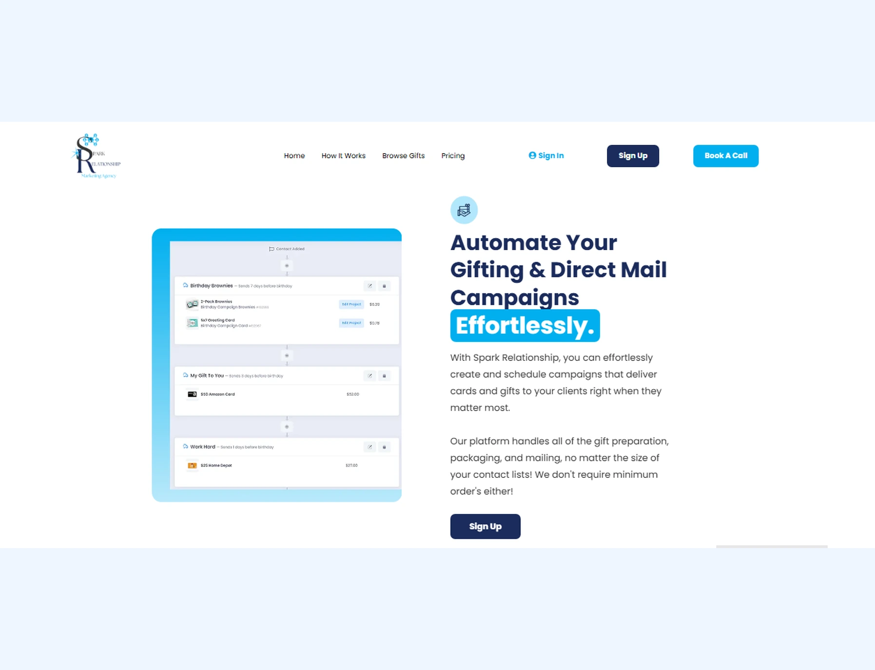 Spark Relationship webpage showing gift and direct mail campaign automation