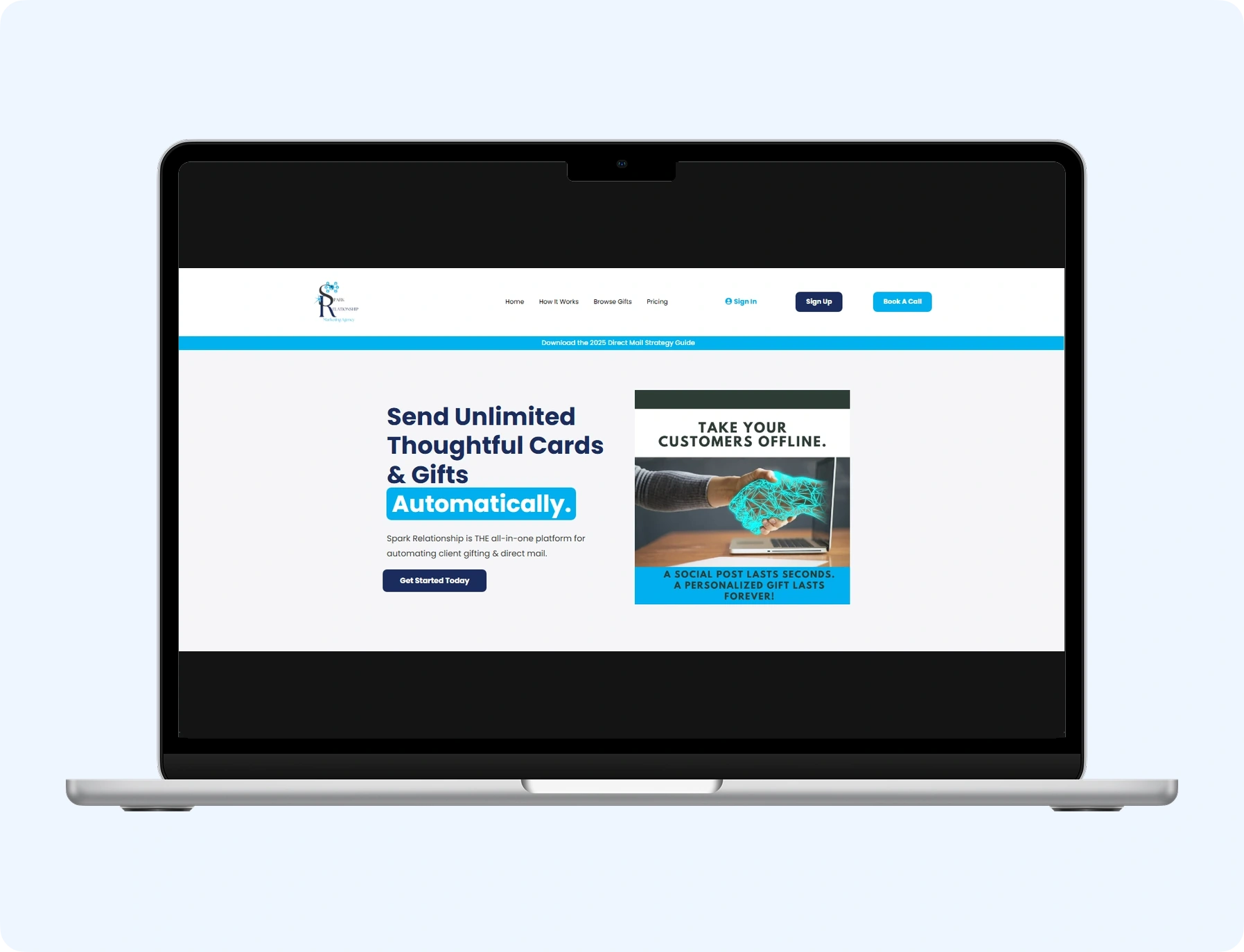 Spark Relationship gift and direct mail automation homepage displayed in a MacBook mockup