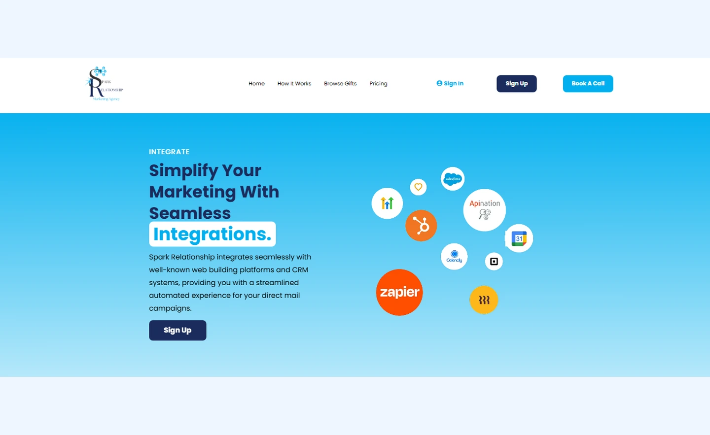 Spark Relationship webpage showing its CRM and marketing integrations