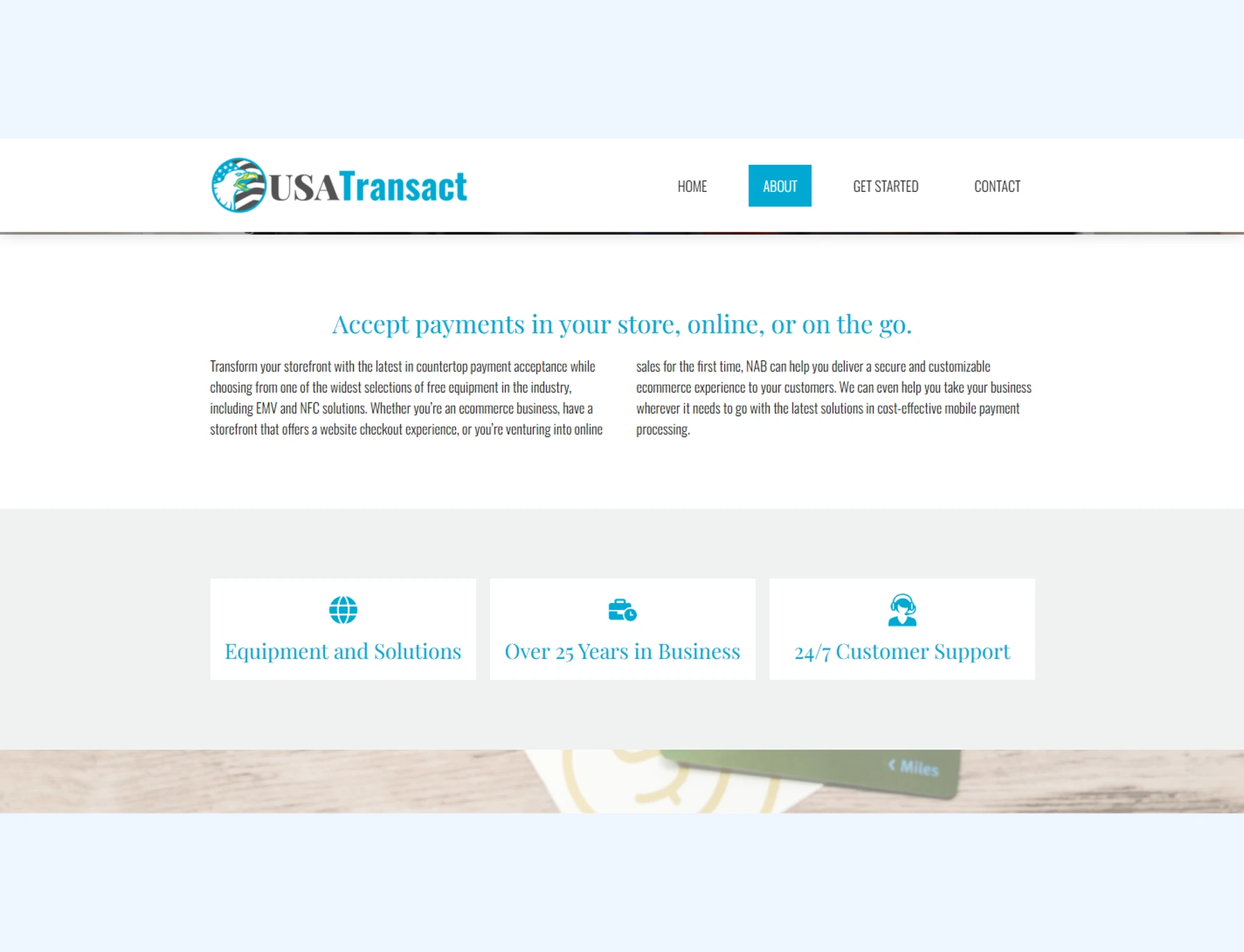 USA Transact merchant services page with company overview and payment offerings